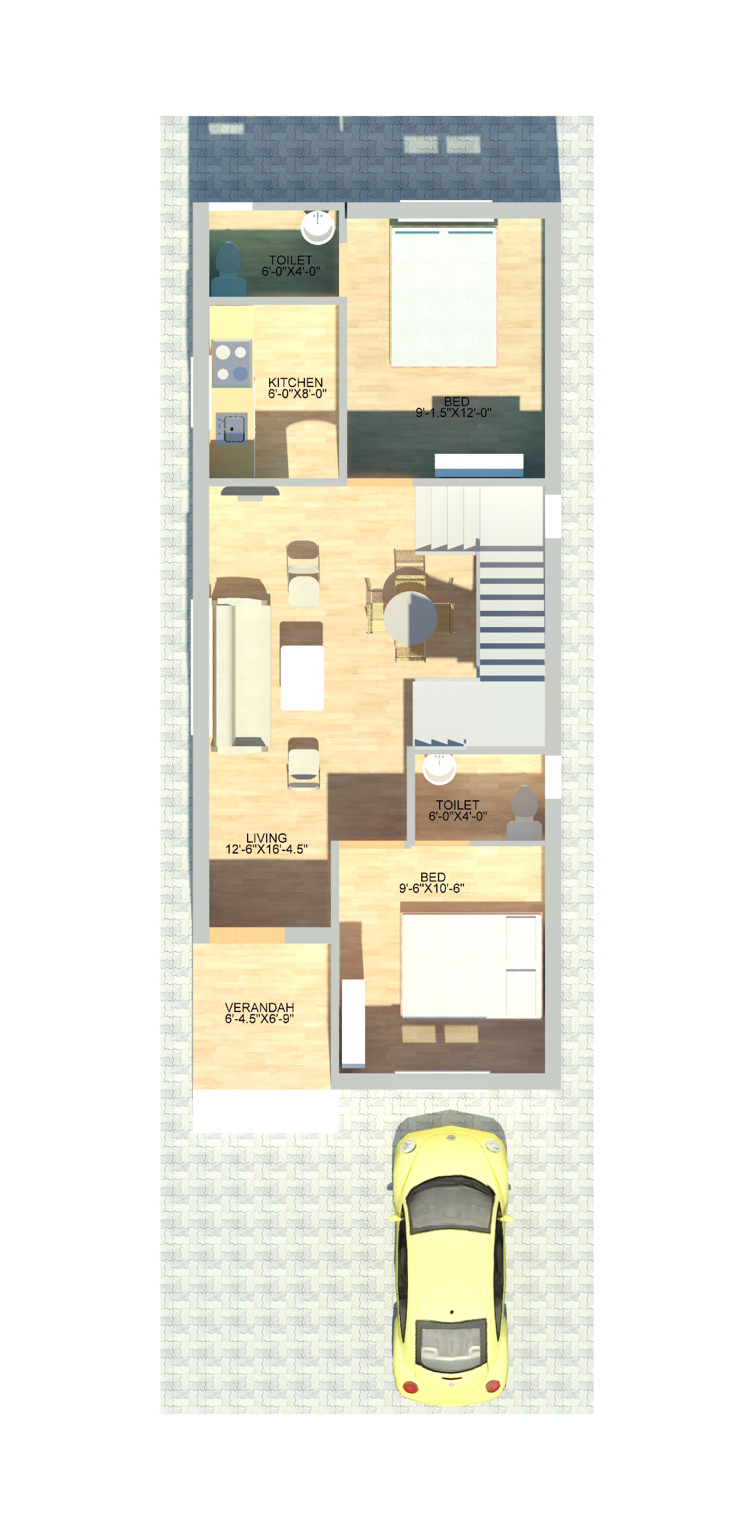 Ground Floor Plan - Living Room, Kitchen, Bedroom