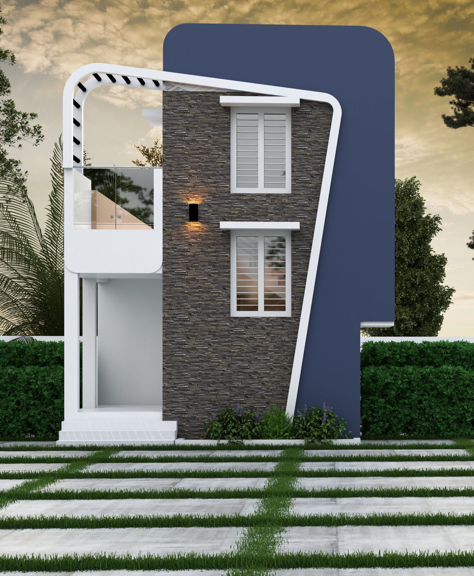 2 BHK Villa - Modern Stone Facade Design